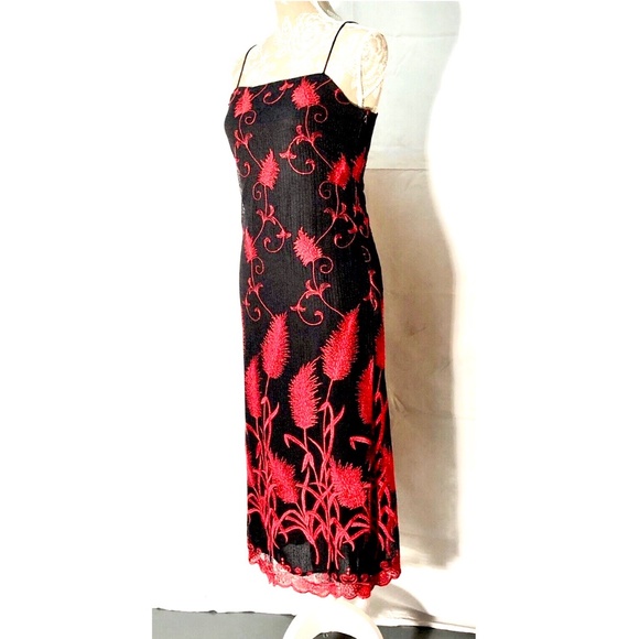 Y2K Francesca Caretti Black Red Floral Embroidered A-Line Midi Cocktail Dress~4~ - Picture 3 of 12